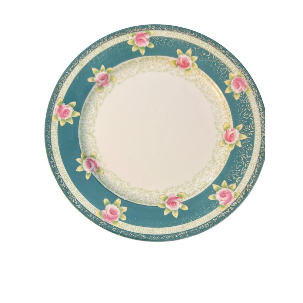 Vintage Gold China Floral Plate Made Occupied Japan Green Pink Roses Estate 10"